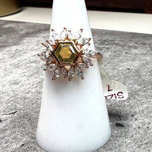 Ring Bomb Party Ring,  size 7, topaz color stone, CZ type accents, rose gold col